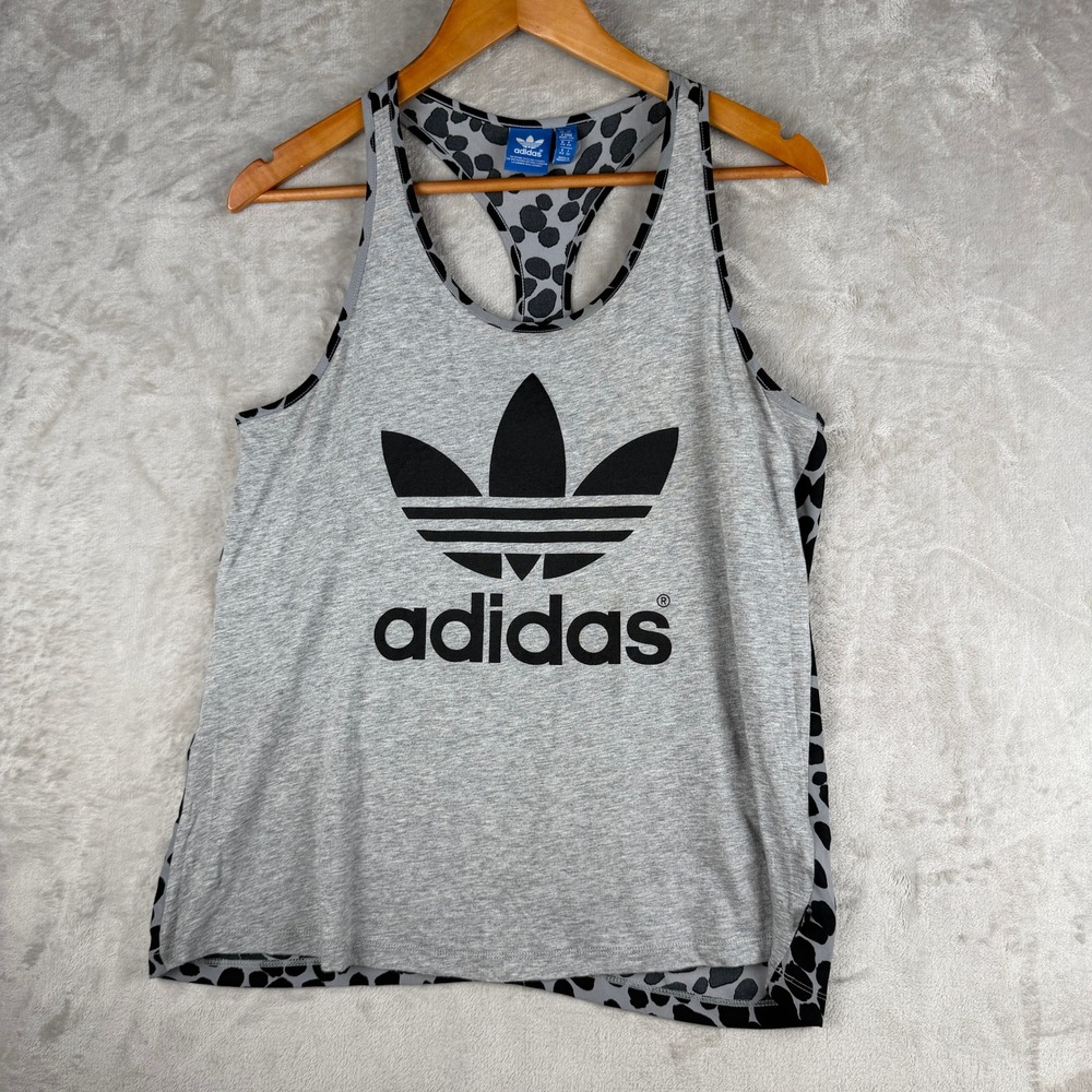 Adidas CARIB Originals Women Leopard Print Racerback Tank Top Grey Black Large